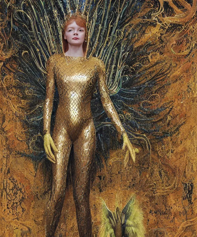 Prompt: a portrait photograph of a masked sadie sink as a strong alien harpy queen with amphibian skin. she is dressed in a golden lace shiny metal slimy organic membrane catsuit and transforming into a insectoid snake bird. by donato giancola, walton ford, ernst haeckel, peter mohrbacher, hr giger. 8 k, cgsociety, fashion editorial