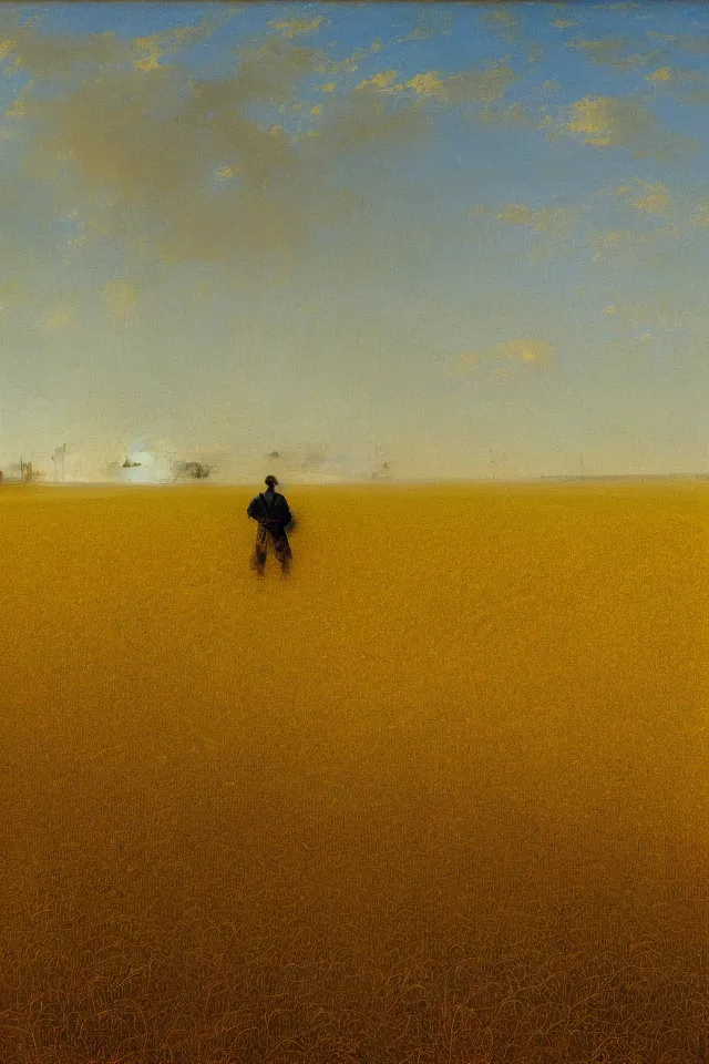 Prompt: painting of the back view of a terminator-like robot, standing in the vast yellow wheat fields, looking at five distant gargantuan tall buildings by Ivan Aivazovsky