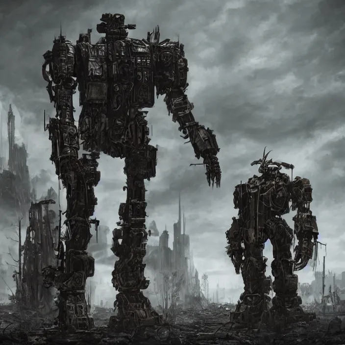 Prompt: gritty apocalyptic scene of human standing next to mech - warrior, hyper - detailed, sharp focus, 4 k ultra hd, fantasy dark art, apocalyptic art