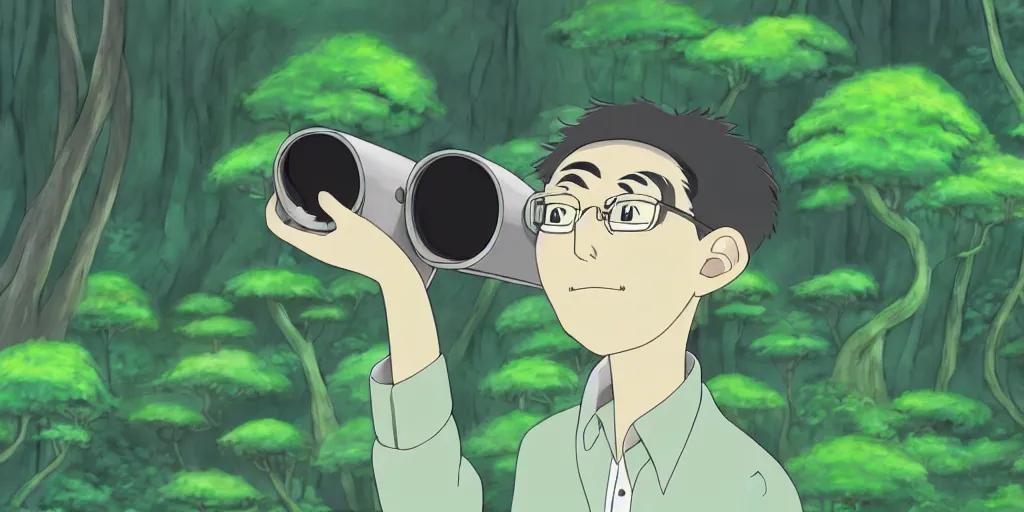 Prompt: a cell - shaded studio ghibli cartoon concept art study of a skinny grey scientist looking through binoculars in a green jungle cave. very dull colors, hd, 4 k, hq