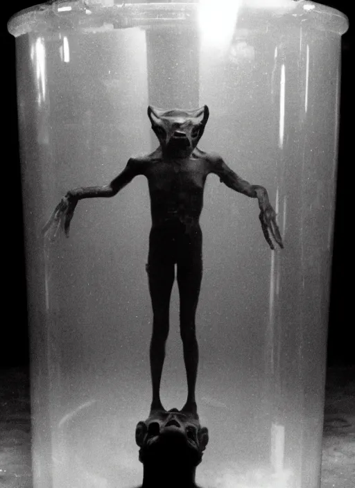 Image similar to a weird humanoid creature is suspended in a tank of dense liquid, weightlessness, tubes coming from the top of the tank connecting to the creature's body, back lit, green glow, 35 mm film photography