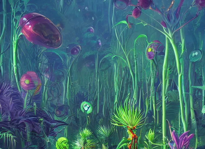 Prompt: a forest of alien plants, award winning concept art, colorful, vibrant, from a science fiction book cover, trending on artstation