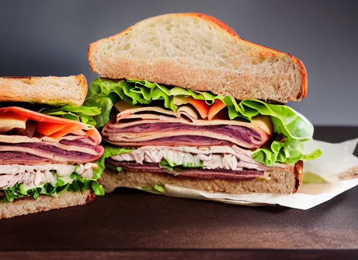 Image similar to dslr food photograph of a turkey club, 8 5 mm f 1. 8