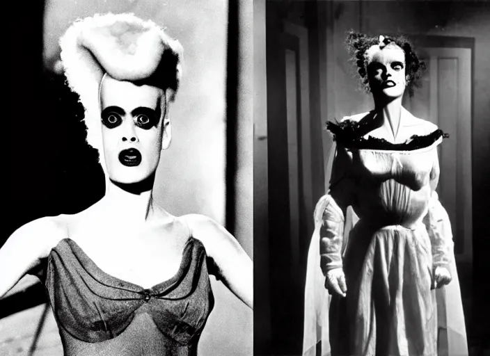 Image similar to instant photo, bride of frankenstein ( 1 9 3 5 ) as teen, still from the movie beetlejuice, cinematic, 1 9 7 0's movie still