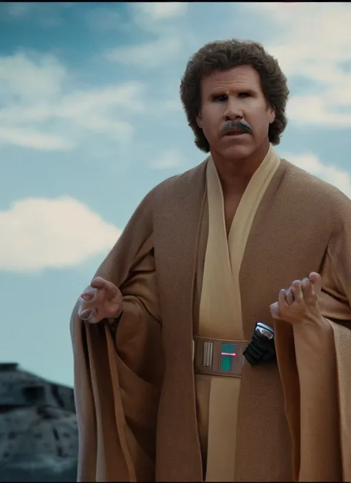 Image similar to will ferrell in star wars, movie still frame, cinematic, 4 k