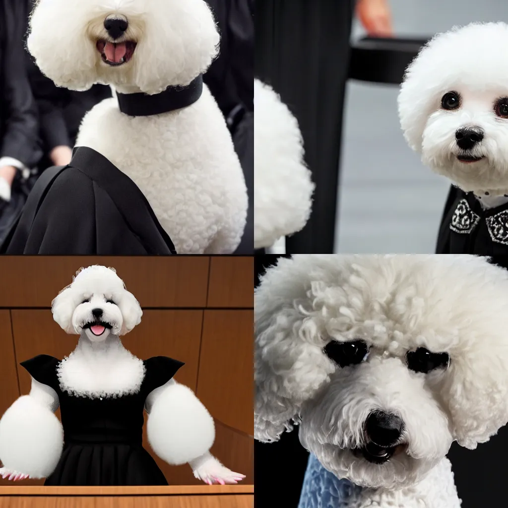 Image similar to a closeup photorealistic photograph of a cute smiling white bichon frise judge wearing a black gown and speaking to the courtroom. this 4 k hd image is trending on artstation, featured on behance, well - rendered, extra crisp, features intricate detail, epic composition and the style of unreal engine.