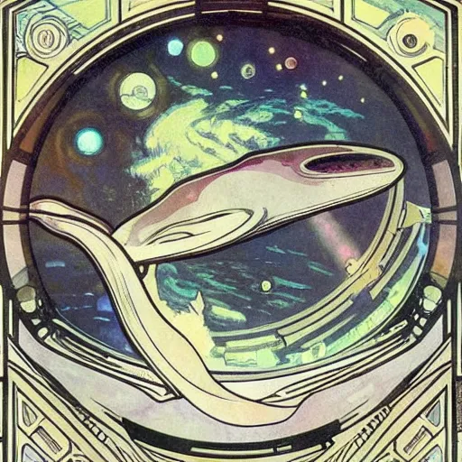 Prompt: photograph of a space whale, a whale in space, through a porthole, by alphonse mucha : 7 5 | by andy warhol : 2 5, control the soul, trending on artstation