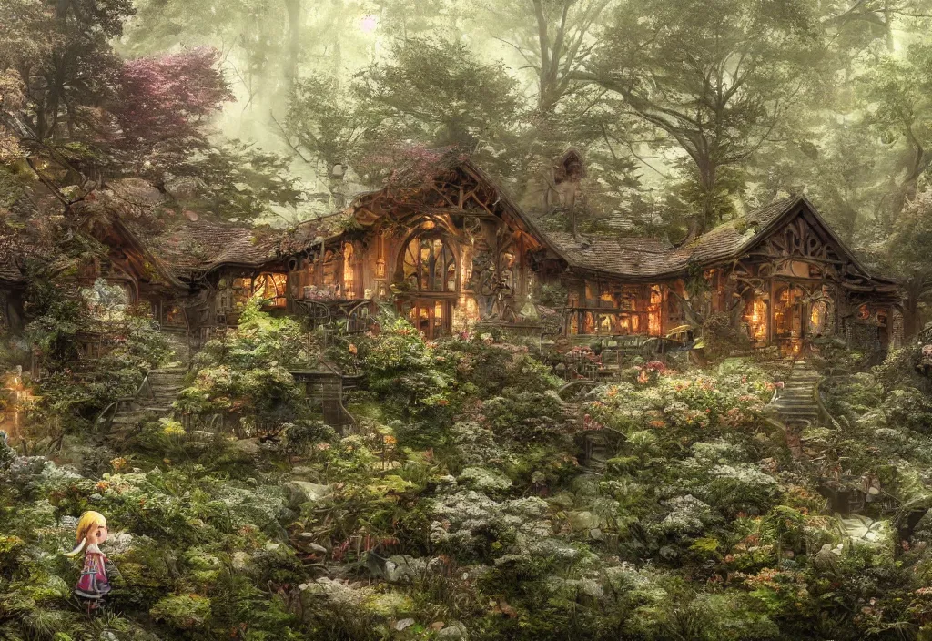 Image similar to a house sitting in a forest, wallpaper, ornate, beautiful, atmosphere, vibe, flowers, concept art illustration, color page, 4 k, tone mapping, doll, akihiko yoshida, james jean, andrei riabovitchev, marc simonetti, yoshitaka amano, digital illustration, greg rutowski, volumetric lighting, sunbeams, particles