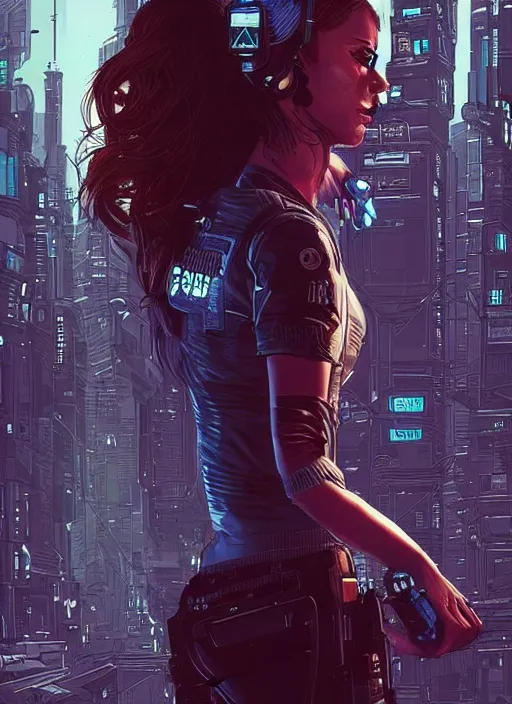 Image similar to Pretty Maria. Beautiful cyberpunk girl. gorgeous face. Realistic Proportions. Concept art by James Gurney and Laurie Greasley. Moody Industrial skyline. ArtstationHQ. Creative character design for cyberpunk 2077.