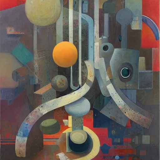 Prompt: a painting by shaun tan of an abstract maximalist sculpture by the caretaker