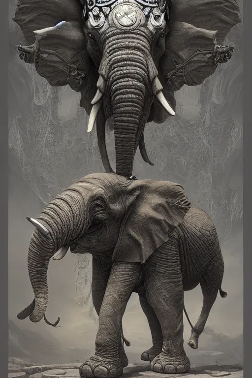 Image similar to ancient psychic tandem war elephant, concept art, by ernst haeckel, artgerm, greg rutkowski, h. r. giger and zdislaw beksinski, octane render, trending on artstation