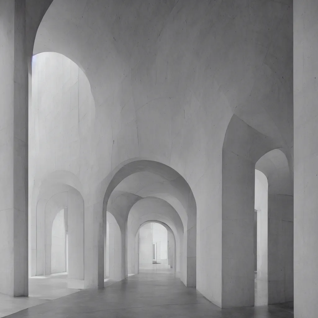 Image similar to photograph of a symmetrical arch hallway, shiny floor, concrete, pastel hues, minimalist, architecture magazine, dezeen, 50mm, pentax, film