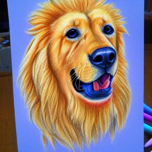 Prompt: finished drawing of a golden retriever lion, crayons. high details, cubic, artstation trending