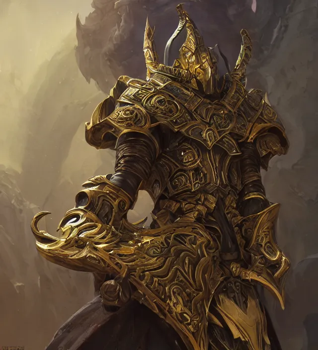 Prompt: a warlock wearing nemesis armor, portrait, intricate ornate armor, subject in the middle of the frame, rule of thirds, golden ratio, elegant, digital painting, octane 4k render, zbrush, hyperrealistic, artstation, concept art, smooth, sharp focus, illustration from world of warcraft by Ruan Jia and Mandy Jurgens and Artgerm and William-Adolphe Bouguerea