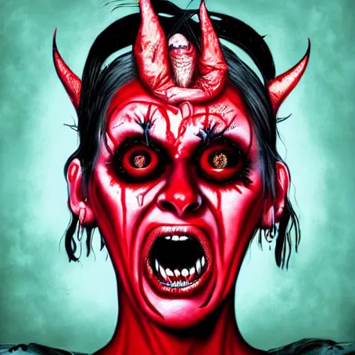 Prompt: a satanic screaming woman with bloody eyes by martine johanna and phil koch, macabre