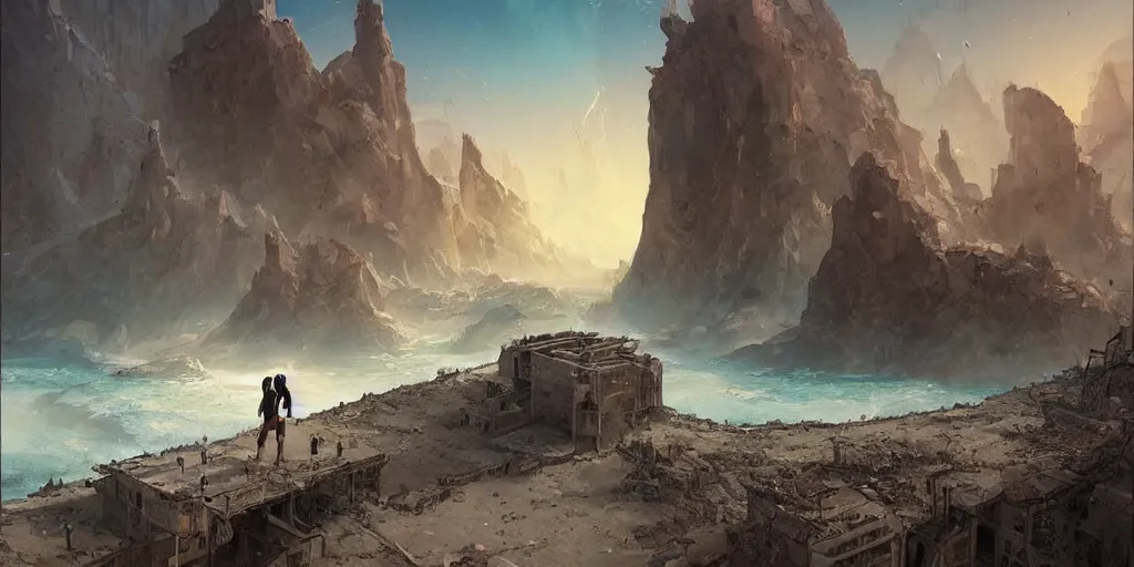 Image similar to a photo of a place where the desert meets the ocean, incredible vista of an advanced city next to a ruined city, a sole survivor looks into the camera, no man's sky, tarot card, mystical, concept art, art station, style of Jordan Grimmer, Gilles Beloeil