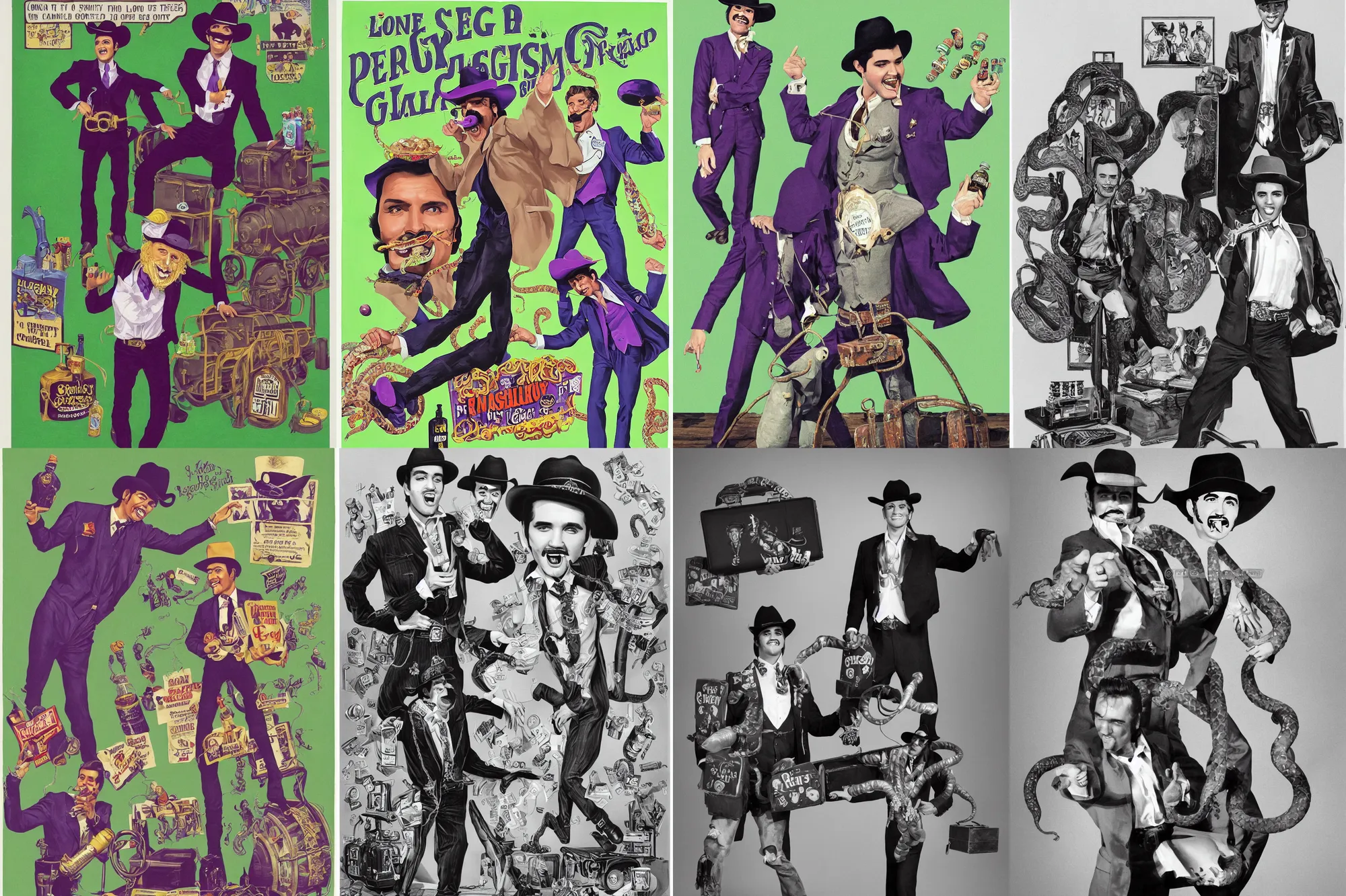 Prompt: long shot full body portrait of a lone professional wrestler salesman elvis presley johnny cash cowboy snakeoil salesman with big smile gleaming eyes and very persuasive facial features wearing oversized cowboy hat with curly moustache and anthropomorphic purple snakeskin business suit, pictured in front of a green screen selling locomotive petroleum snake oil eggs bottled in faberge briefcases on wheels, hyperreal portrait art by carl barks and tex avery and chuck jones