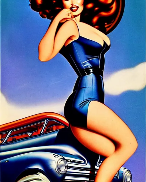 Image similar to beautiful retro space megan fox varga girl posing on a car in diesel punk city, windblown dark hair, retro pinup model, seductive, 1 9 4 0, hyper detailed, digital art, smooth, sharp focus, alberto vargas,