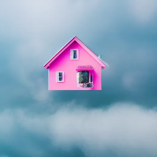 Image similar to a 5 0 mm lens photograph of a cute pink floating modern house, floating in the air between clouds, inspired by the movie up, held up from above by heart ballons. mist, playful composition canon, nikon, award winning, photo of the year