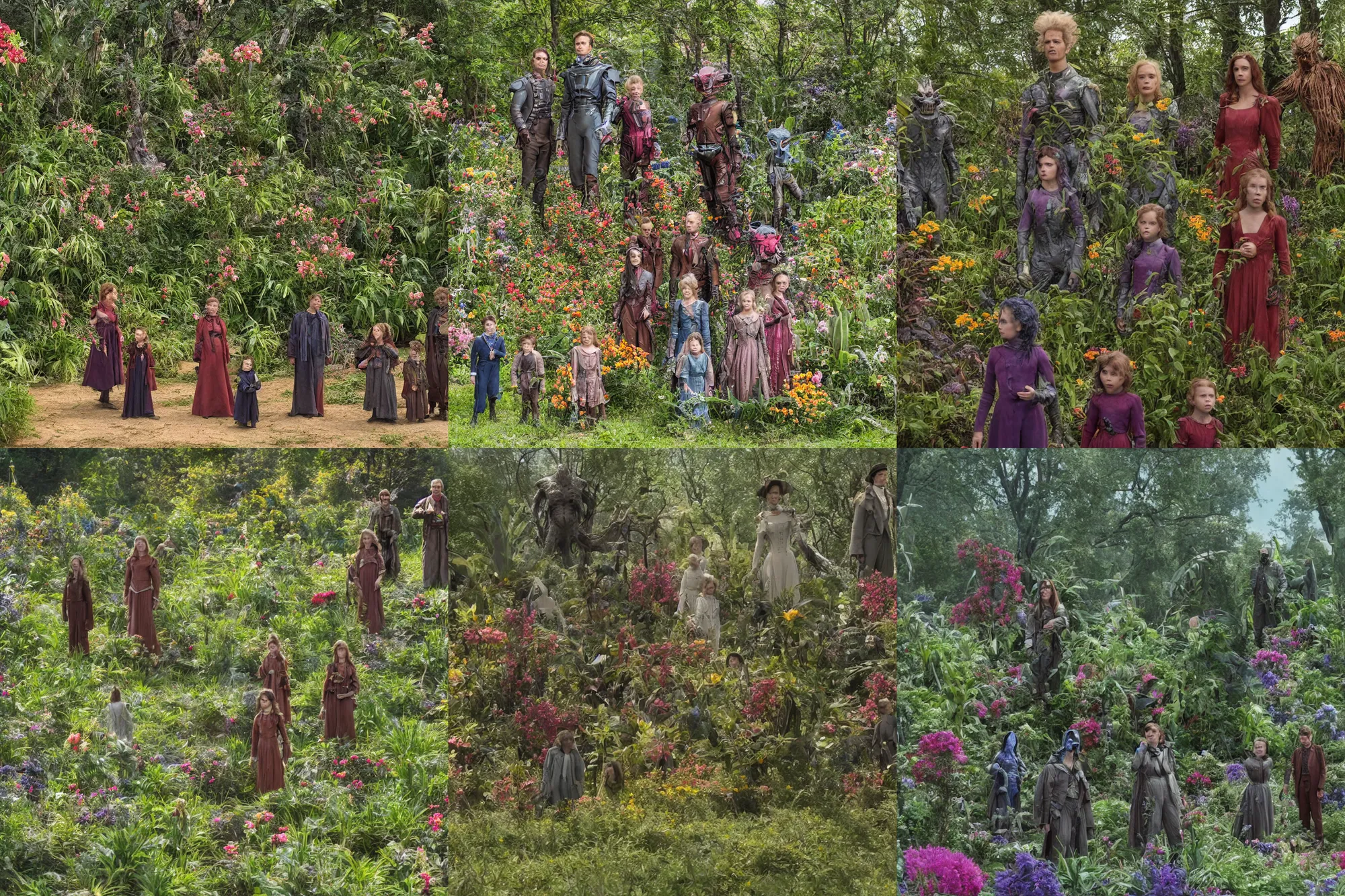 Prompt: sharp, highly detailed, 435456k film, 1612800mm film still from a sci fi blockbuster color movie made in 2019, set in 1860, of a family standing in a park, next to some strange alien plants and flowers, on an alien planet, the family are all wearing 1860s era clothes, cinematic lighting, good photography, ultra high definition, in focus, 35mm macro lens