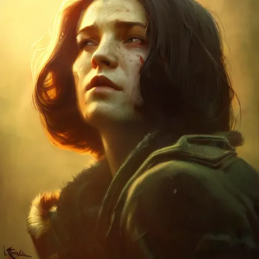 Image similar to fallout 5, charismatic brunette female protagonist, portrait, atmospheric lighting, painted, intricate, volumetric lighting, beautiful, daytime, sunny weather, slight overcast, sharp focus, deep colours, ultra detailed, by leesha hannigan, ross tran, thierry doizon, kai carpenter, ignacio fernandez rios