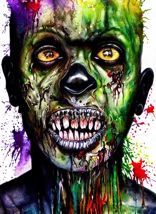 Image similar to african american zombie hollywood artwork professional acting headshot, hyperrealism, intricate detail, studio lighting, charming expression gesicht, hauntingly beautiful zombie, watercolor art, epic, legendary, drawn and painted, colored layers, dulled contrast, exquisite fine art, splatterpaint