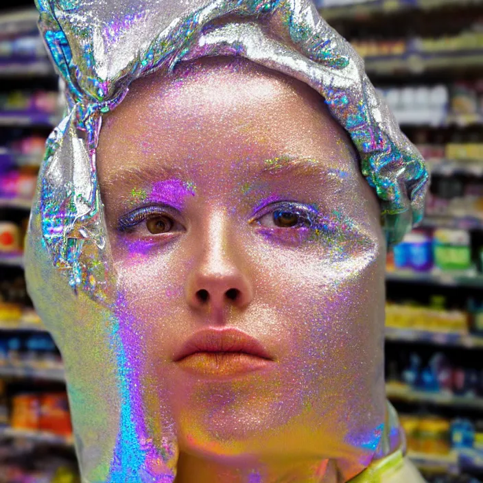 Image similar to closeup portrait of a woman wrapped in iridescent foil, standing in a grocery store, dirty grocery store, grungy grocery store, color photograph, by vincent desiderio, canon eos c 3 0 0, ƒ 1. 8, 3 5 mm, 8 k, medium - format print