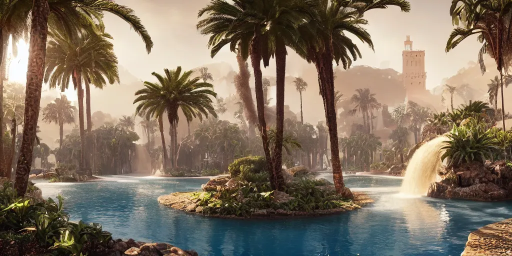 Image similar to beautiful oasis waterfalls surrounded by palm trees, moroccan tile archways, date trees, ivory towers, sun setting, ross tran, nephilim, pyroclastic flow, ethereal, fantasy, james jean, oozium, peter morbacher angelarium alchemy luxury heavenly light soft illumination, trending on artstation, cinematic lighting, digital painting, octane render, artgerm