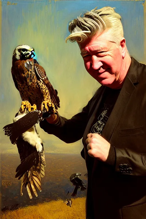 Image similar to david lynch with falconers glove, holding falcon painting by gaston bussiere, craig mullins