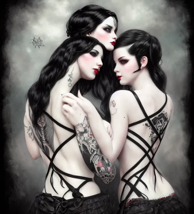 Image similar to two beautiful pale skin white eyed cosplay girls, back view, black hair, fully tattooed body, fishnet corset with choker and whip on hand, symmetrical, beautiful detailed face, masterpiece, artstation contest winner, trending artgerm, paint by tom bagshaw
