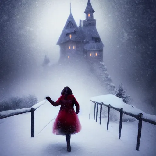 Image similar to woman running from Evil castle, in the snow, scary, foggy, flashlight, portrait, inspired by Evgeny Lushpin,George, greg rutkowski winter,nighttime,cinematic,art station