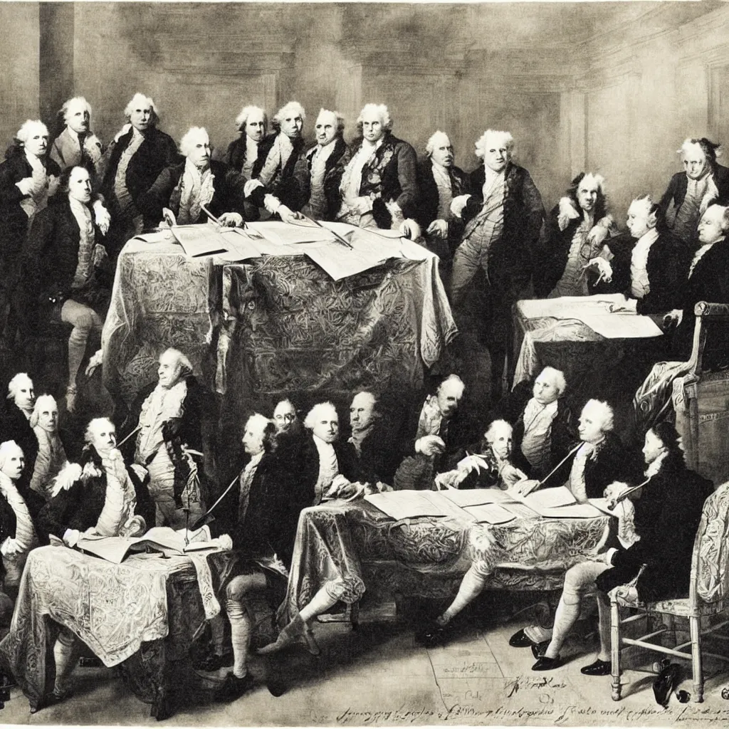 Prompt: cats signing the declaration of independence, by john trumball