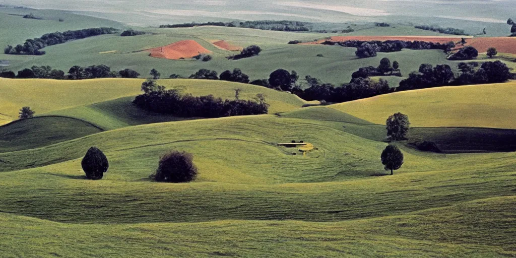 Prompt: A full color still from a Stanley Kubrick film featuring rolling green hills with windows, doors, and chimneys built into the hills, 35mm, 1975