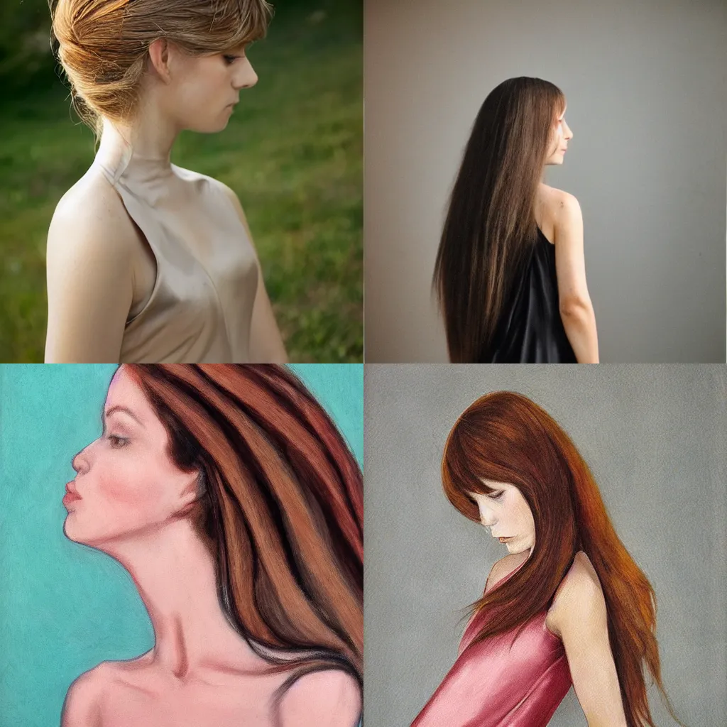Prompt: girl with long hair, profile, silk dress, by aaron griffin