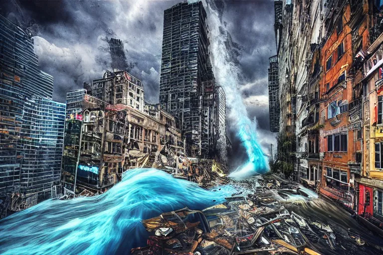 Prompt: destructive water tornado in the city, photorealistic, highly detailed, sharp focus, vivid, colorful, symmetrical, random, convoluted, mind - blowing, creative, fully functional, end of the world