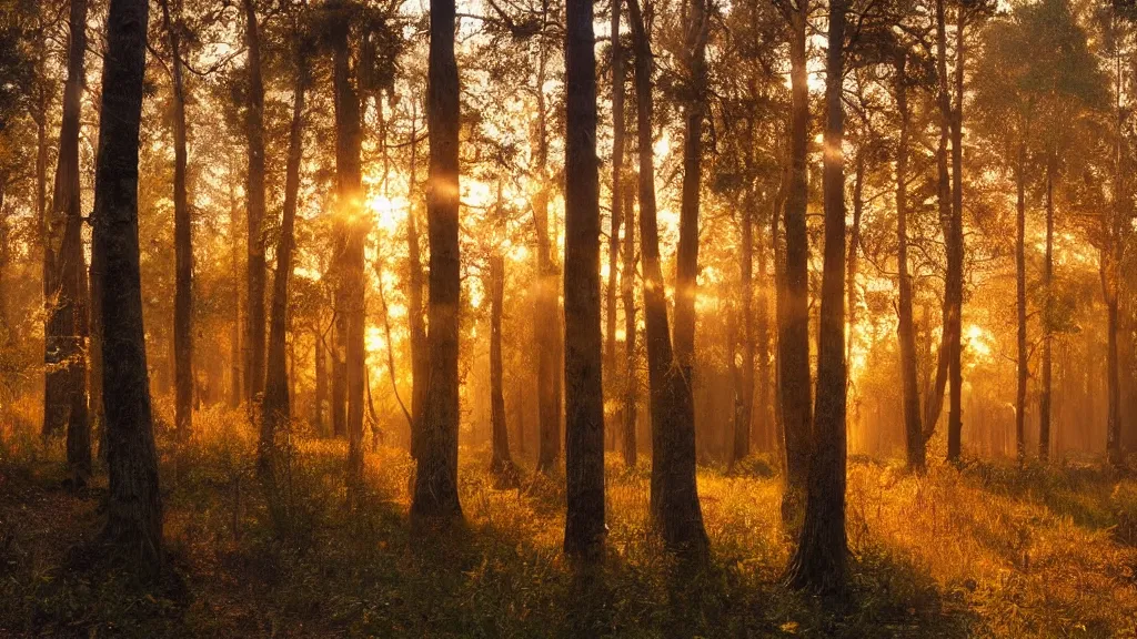 Prompt: forest with park, sunrise, orange glow, by greg rutkowsky and ivan shishkin,