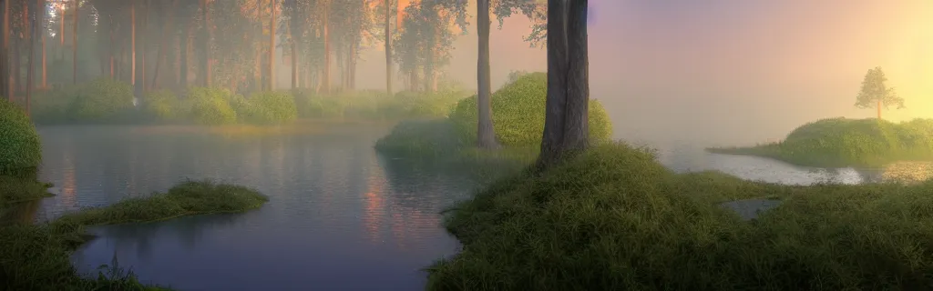 Image similar to fantasy forest of glowing trees and glowing flying insects, a lake reflecting the lights, myst on the air, cinematic feel, hyper realistic, high detail, blender render .