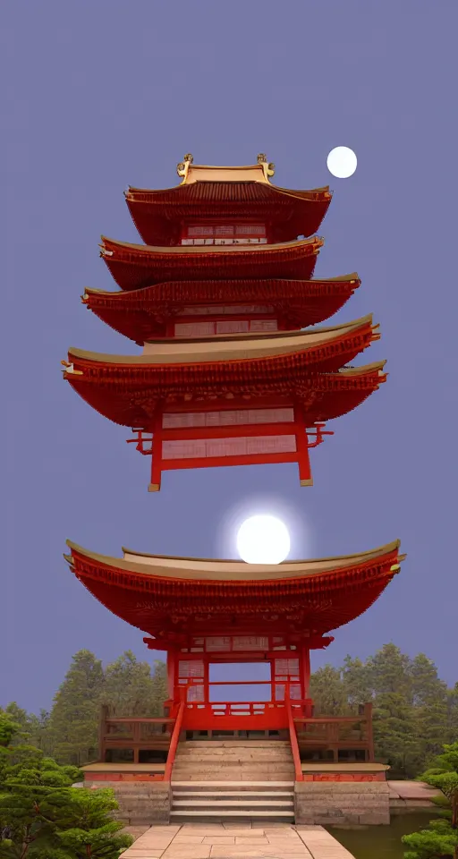 Prompt: isometric japanese temple with full blood-moon behind the top, trending on artstation, 3D render, unreal engine 5