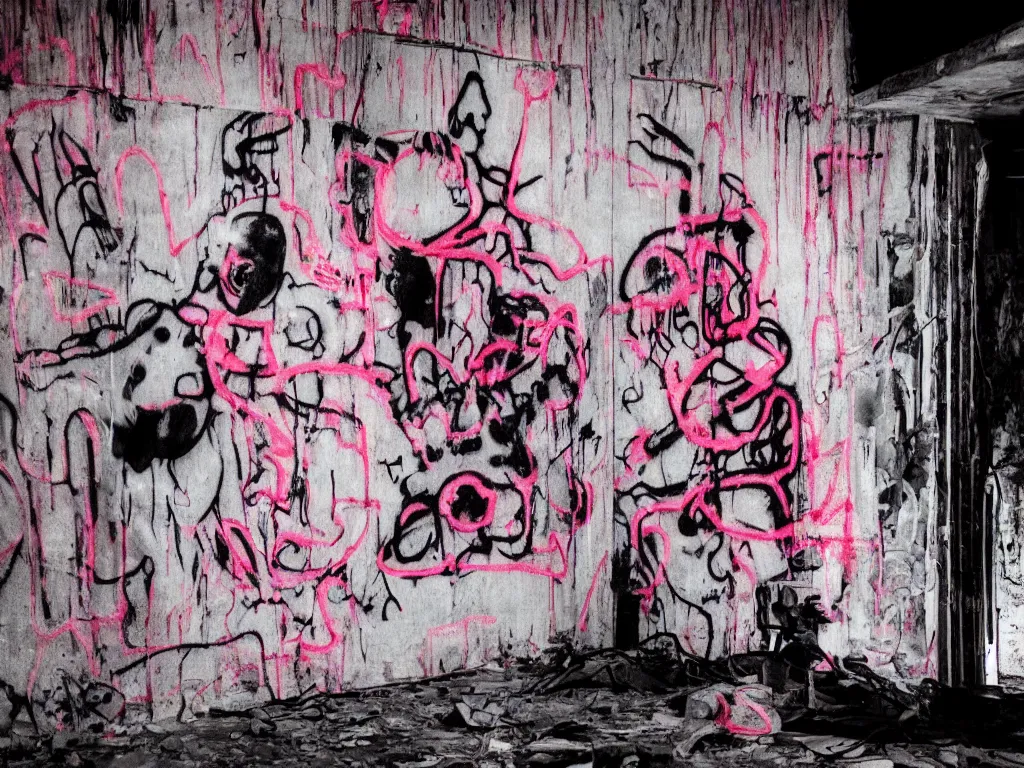 Image similar to ghost wraith apparition caught on camera, graffiti in an abandoned bunker, cute fumo plush gothic black enigmatic maiden girl painted in spilt red ink and washed watercolor, glowing ancient glyphs and summoning circle, neon light, avant garde pop art, filmic, vignette, captured on canon eos r 6