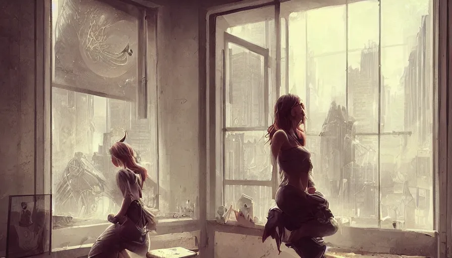 Image similar to window, eye, women, buildings, surprise, scared, couch by wlop, artgerm, greg rutkowski