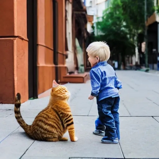 Prompt: male toddler with light hair pointing at cat on the sidewalk