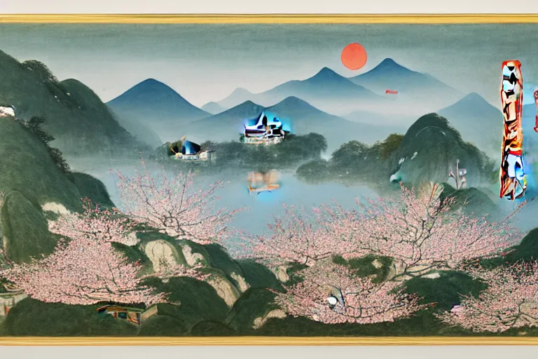 Image similar to an ultradetailed landscape painting of westlake in china hangzhou, pagodas on hills, osmanthus blossoms nearby, fine wind, chinese water color, smooth, sharp focus, illustration, by hilma af klint, 8 k