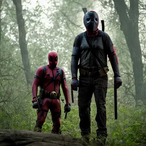 Image similar to jason voorhees and deadpool in the woods 4 k detailed super realistic