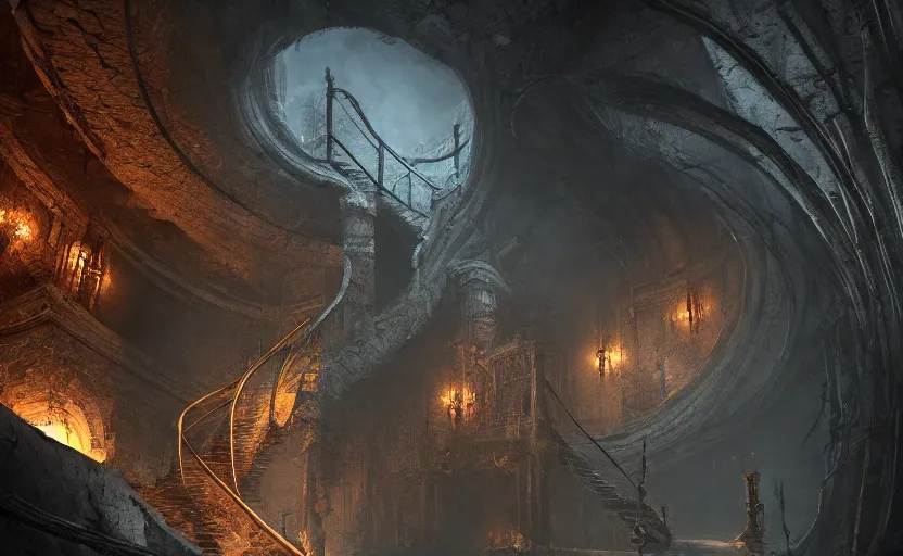 Image similar to an infinitely long wretched winding crooked staircase leading down into the depths of hell, trending on artstation, doom eternal, dark souls, unreal engine, moody, atmospheric