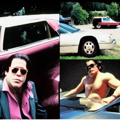 Image similar to crocodile driving a pink cadillac took the wrong exit of the 4 0 5, glenn danzig is hitchhiking on the side of the road, in the style of hieronymus bosch