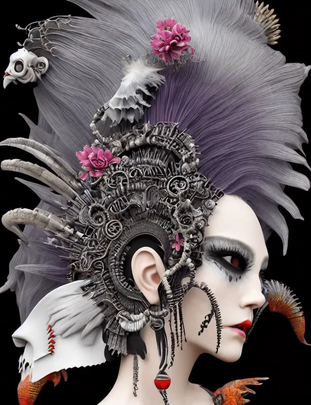 Image similar to 3 d goddess close - up profile portrait punk with mohawk in victorian style with ram skull. beautiful intricately detailed japanese crow kitsune mask and clasical japanese kimono. betta fish, jellyfish phoenix, bio luminescent, plasma, ice, water, wind, creature, artwork by tooth wu and wlop and beeple and greg rutkowski