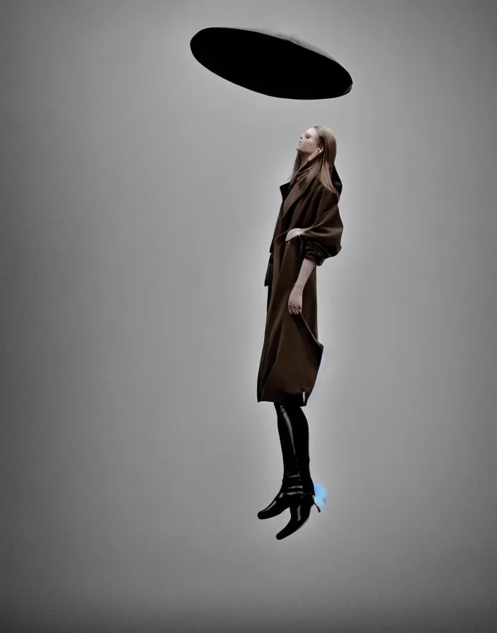 Image similar to high fashion portrait close - up of a lone single model posing melodramatically in a slick fashionable zara raincoat jumping floating suspended mid - air over a wet rainy contemporary lighting art installation designed by james turrell, photography shot by steven meisel, dali, wes anderson, lily frank, symmetry, rule of thirds, nostretch