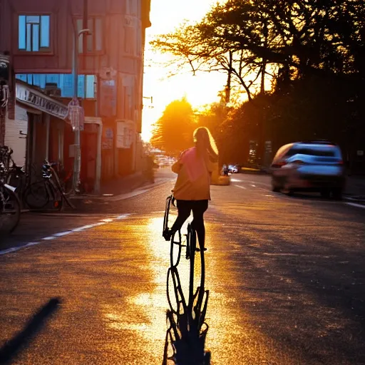 Image similar to a girl rides a bicycle on the street at dusk