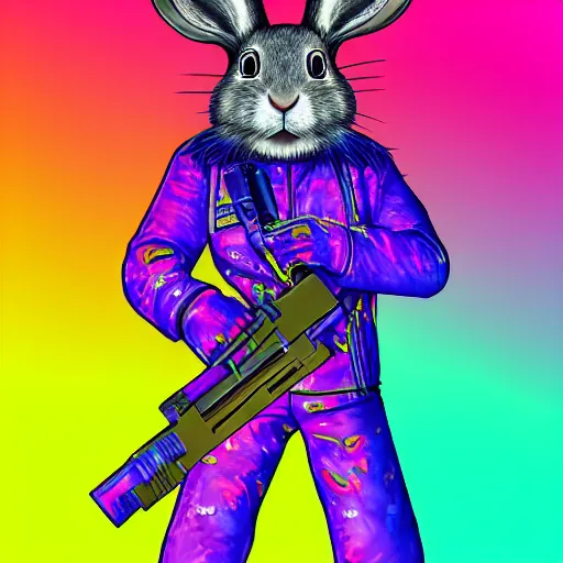 Image similar to portrait of rabbit with UV neon fur holding a machine gun , 8k, highly detailed, sharp, realistic, in style of Lisa Frank, Artstation, deviantart