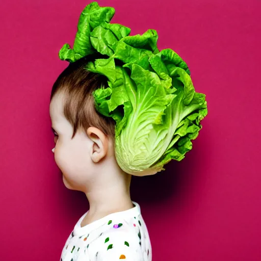 Prompt: A lettuce in the shape of a baby on top of the head of a young man with a short beard, portrait photography